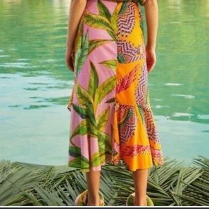 Farm Rio Anthropologie Mixed Print Wrap Skirt Beaded Macaws Pink Foliage Sz M
